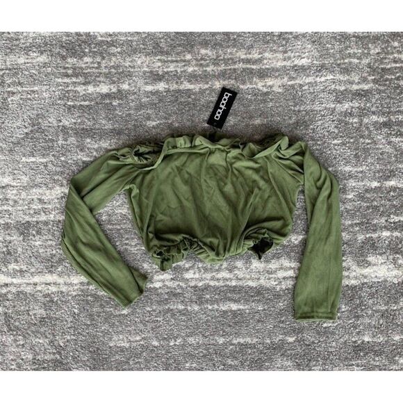 Boohoo NWT Green Fall Chic Off the Shoulder Long Sleeve Ribbed Crop Top - Picture 6 of 9